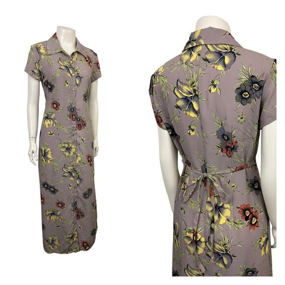 1990s Lavender Floral Long Maxi Dress Button Up Tie Dress / Women’s Small - Picture 1 of 10